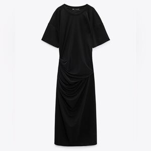 Zara Black Midi Dress Assimetrical with Draped and Slit Detail